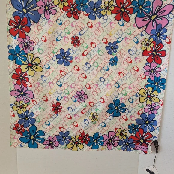 Coach Multicolor Floral Silk Scarf with Bold Blue & Red Blooms NWT